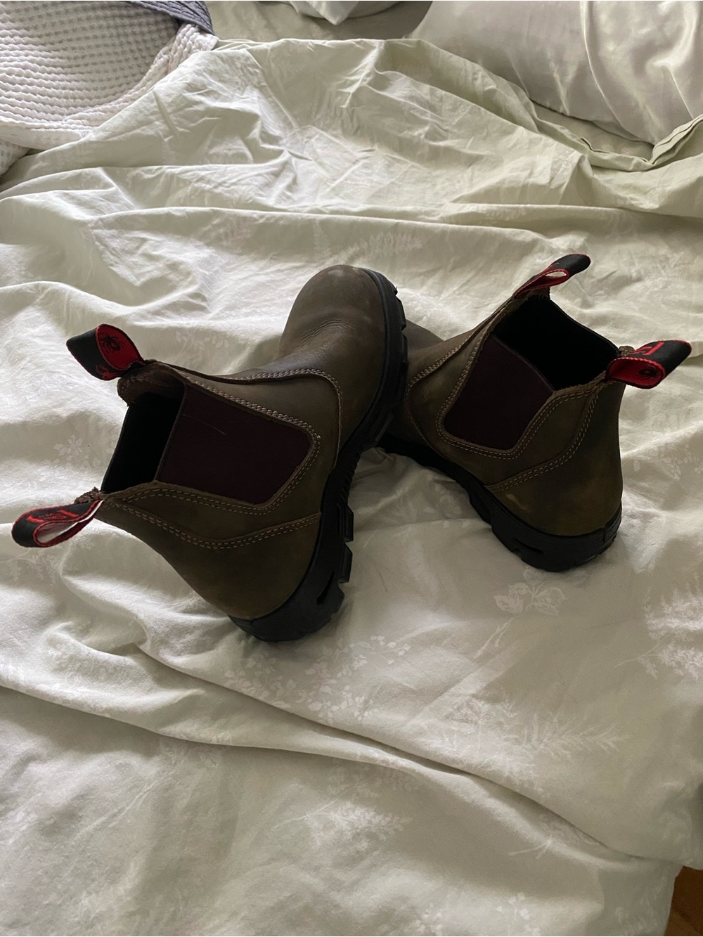 Men's Brown Slip-On Chelsea Work Boots with Red Pull Tabs